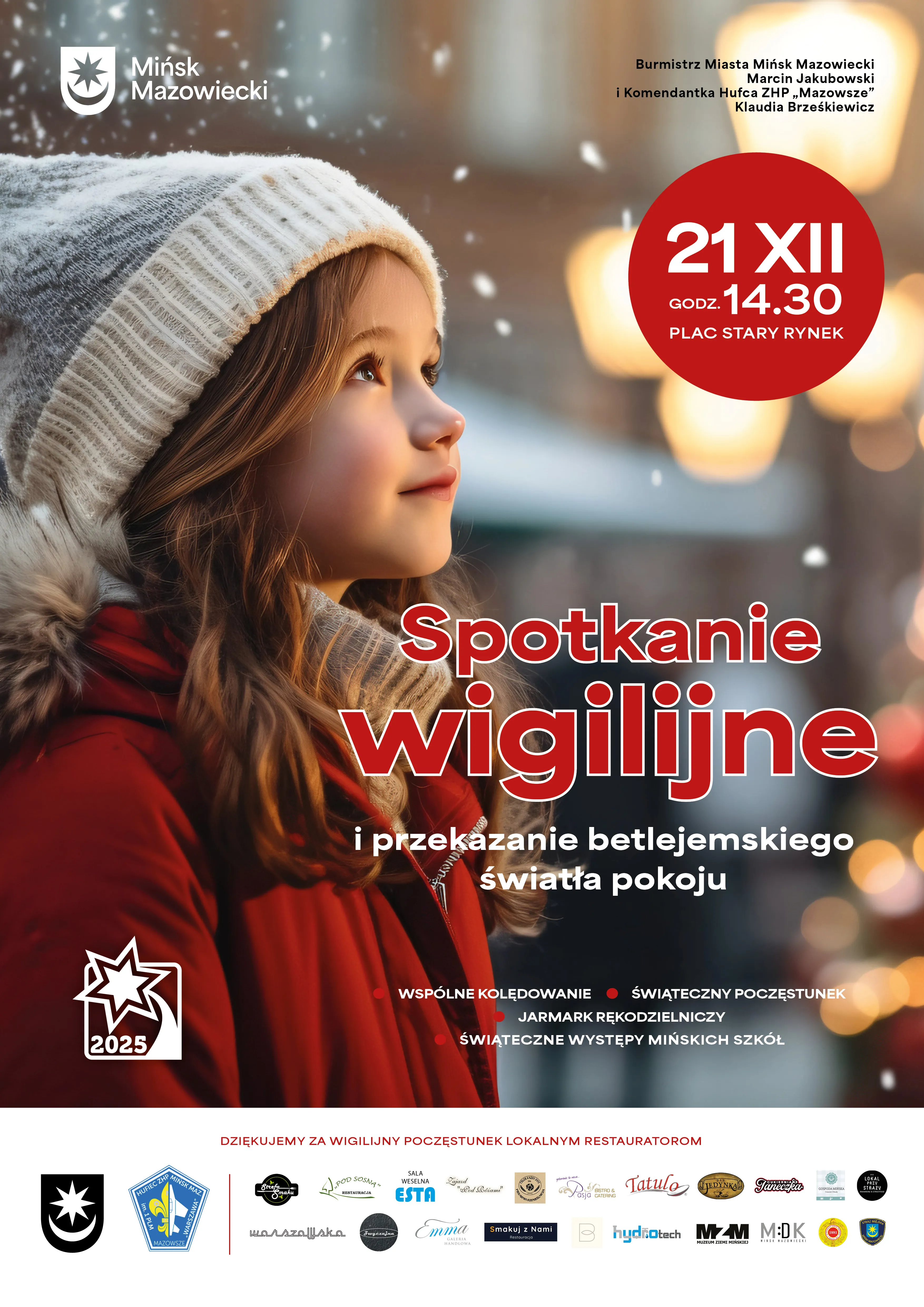 Kliknięcie powiększy obraz. Dziewczynka w czerwonym płaszczu i biało-szarej zimowej czapce patrzy w górę na spadające śnieżynki. Tło rozmyte z żółtymi światłami. Tekst informuje o spotkaniu wigilijnym 21 grudnia o 14:30 na placu Stary Rynek.